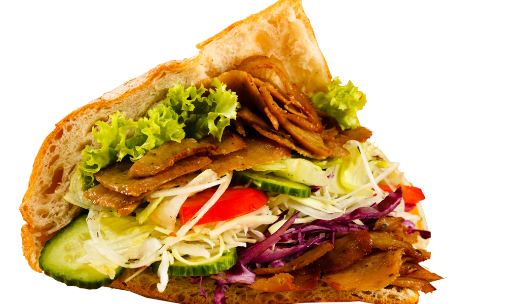 Sliced Kebab Wrap Filled with Grilled Meat and Colorful Salad PNG Food Image