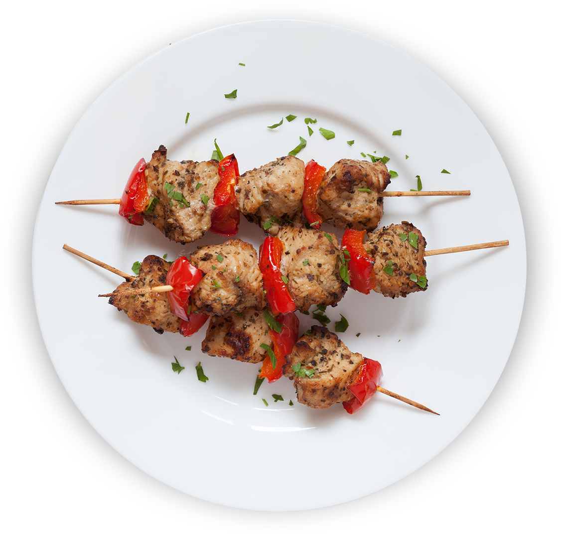 Three Grilled Meat Kebabs on Skewers with Tomatoes and Peppers PNG Food Image