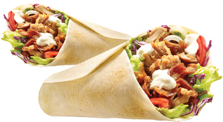 Two Chicken Shawarma Wraps with Fresh Salad in Soft Flatbread PNG Food Image