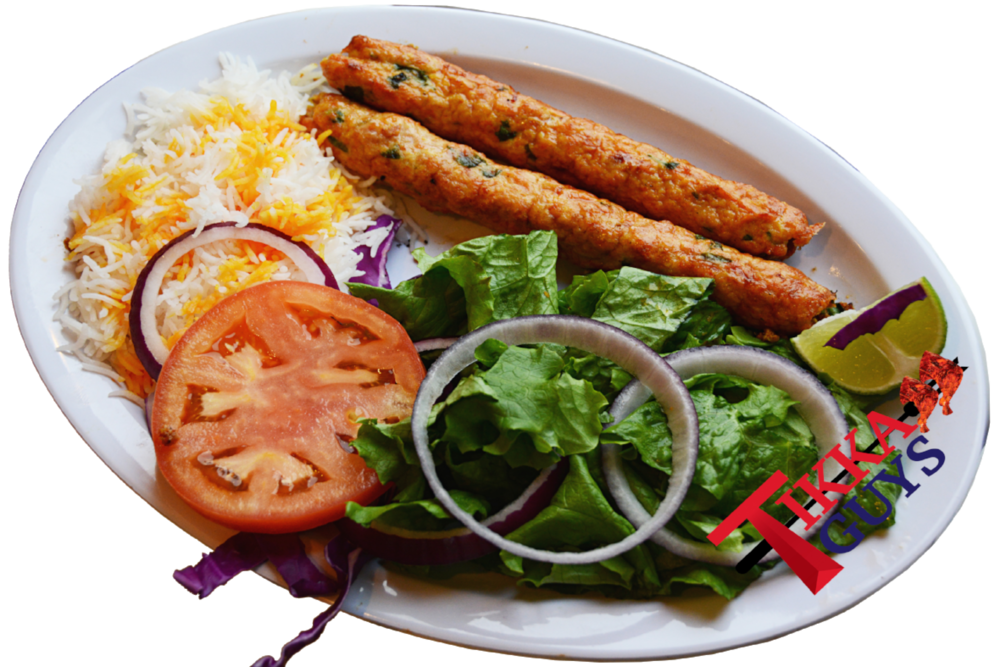 Two Grilled Kofta Kebabs with Rice Tomato and Red Onion on Plate PNG