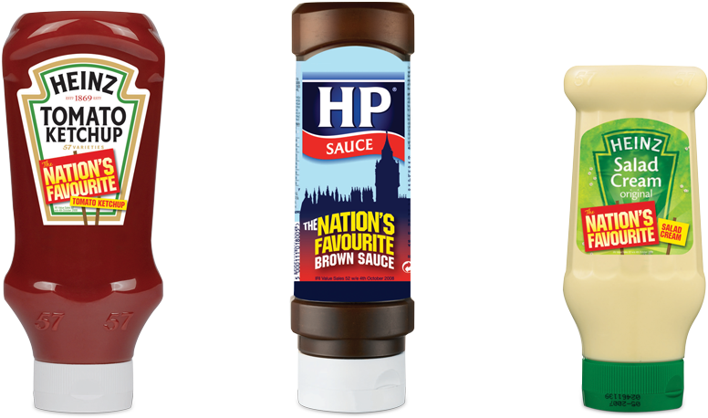 Heinz Tomato Ketchup HP Sauce and Yellow Mustard Bottles Assorted Condiments PNG Image