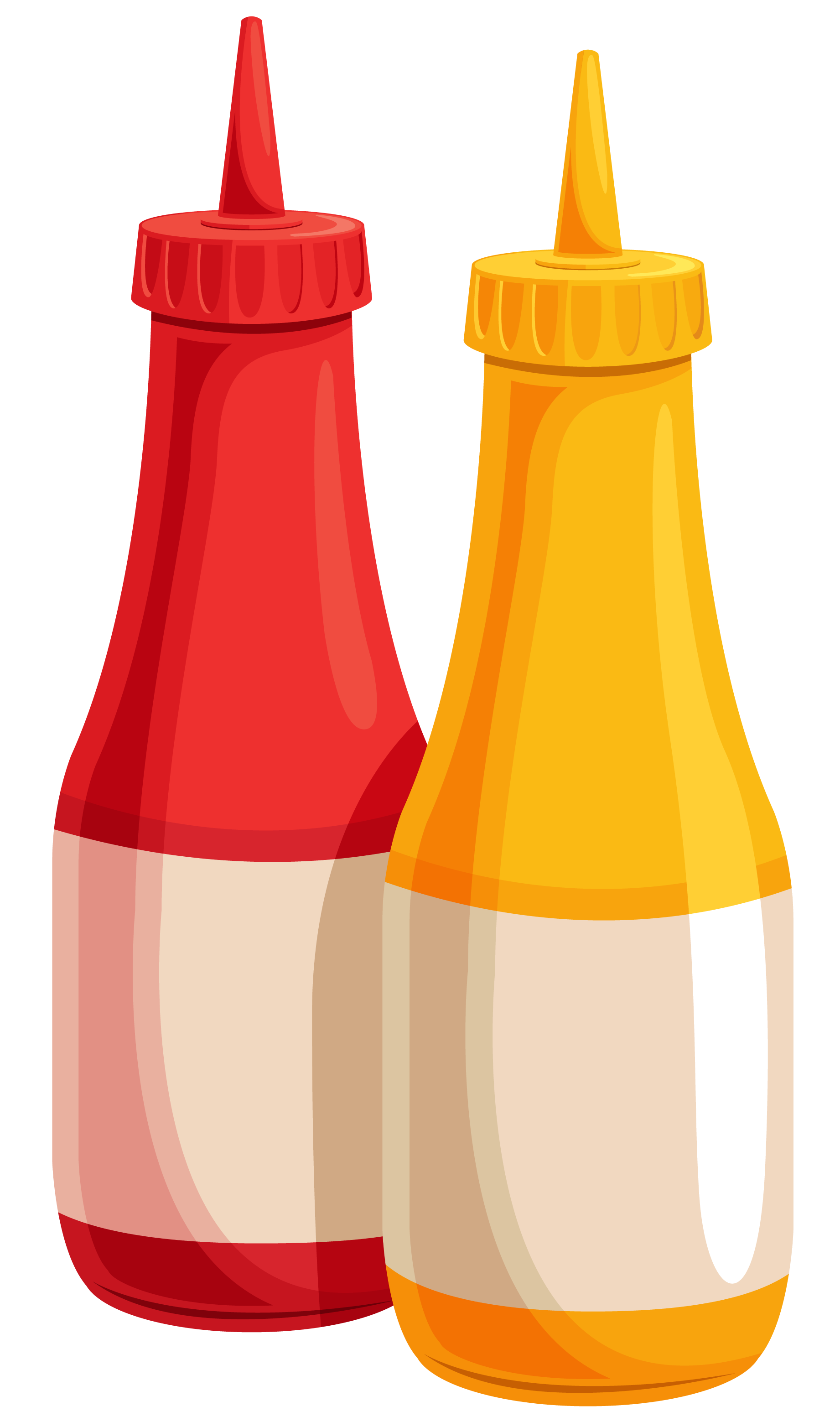 Pair of Red Ketchup and Yellow Mustard Squeeze Bottles PNG Condiment Clipart