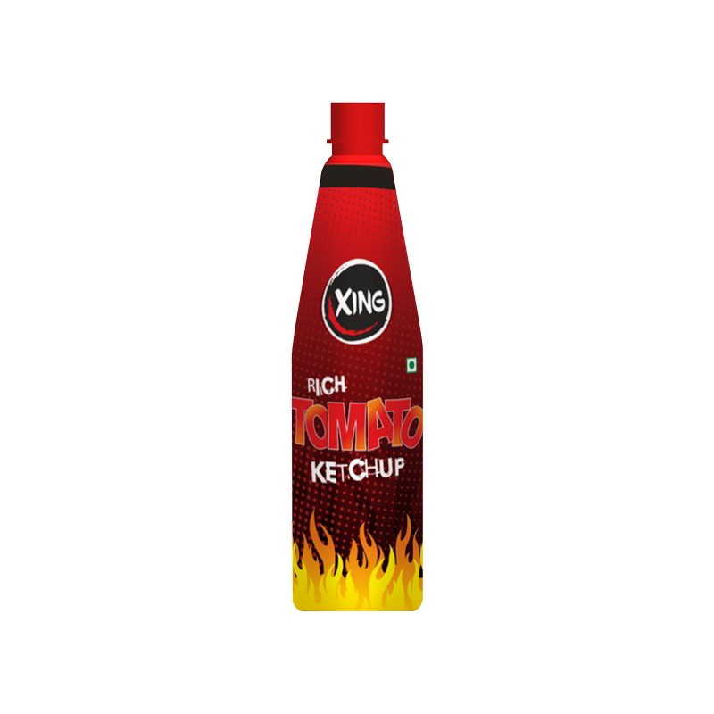 Slim Red Tomato Ketchup Bottle with Yellow Front Label Transparent PNG Image