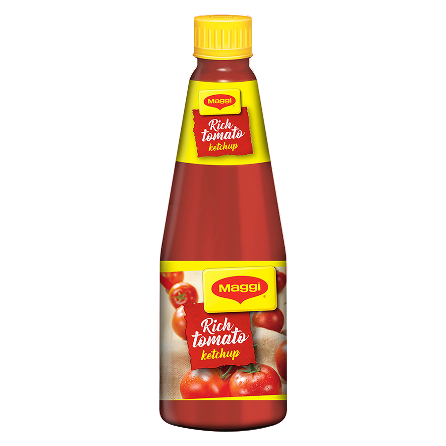 Tall Red Tomato Ketchup Bottle with Yellow Cap and Printed Label PNG Product Image