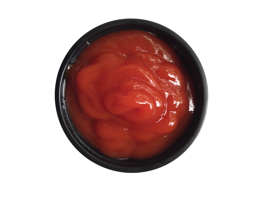 Top View of Bright Red Ketchup Sauce in Black Bowl PNG Food Photo