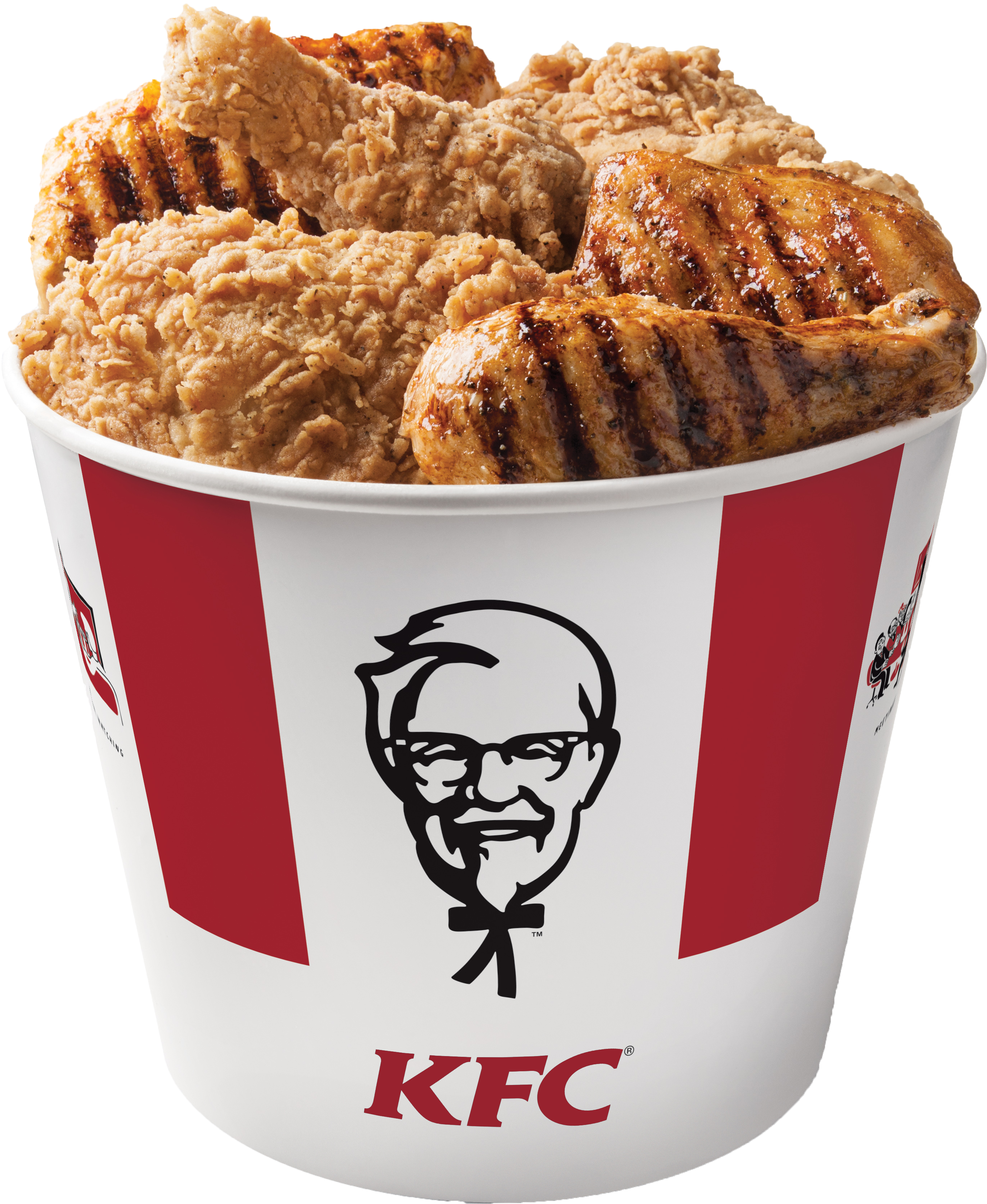 Crispy Fried Chicken Pieces in Classic Red KFC Bucket with Colonel Sanders Logo PNG Image