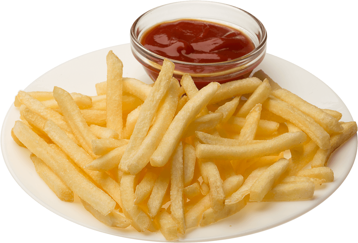 Golden French Fries with Small Bowl of Red Ketchup on White Plate PNG Food Image