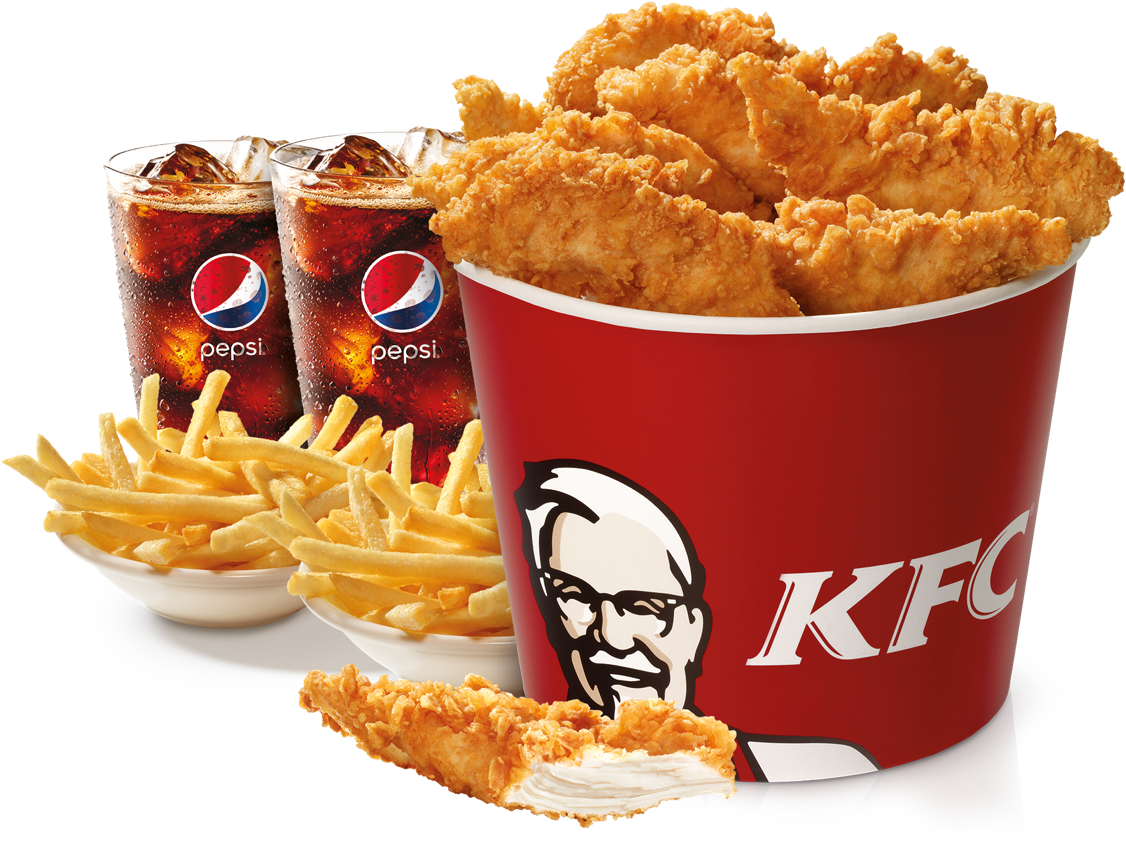 Kentucky Fried Chicken Family Meal Bucket with Fries Drinks and Sides PNG Food Image