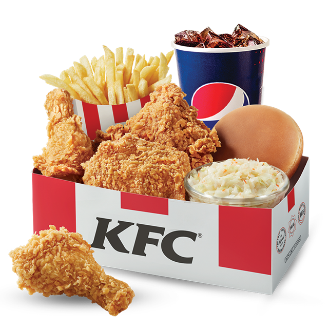 Kentucky Fried Chicken Takeout Box with Soda Fries and Chicken Pieces PNG Meal Image