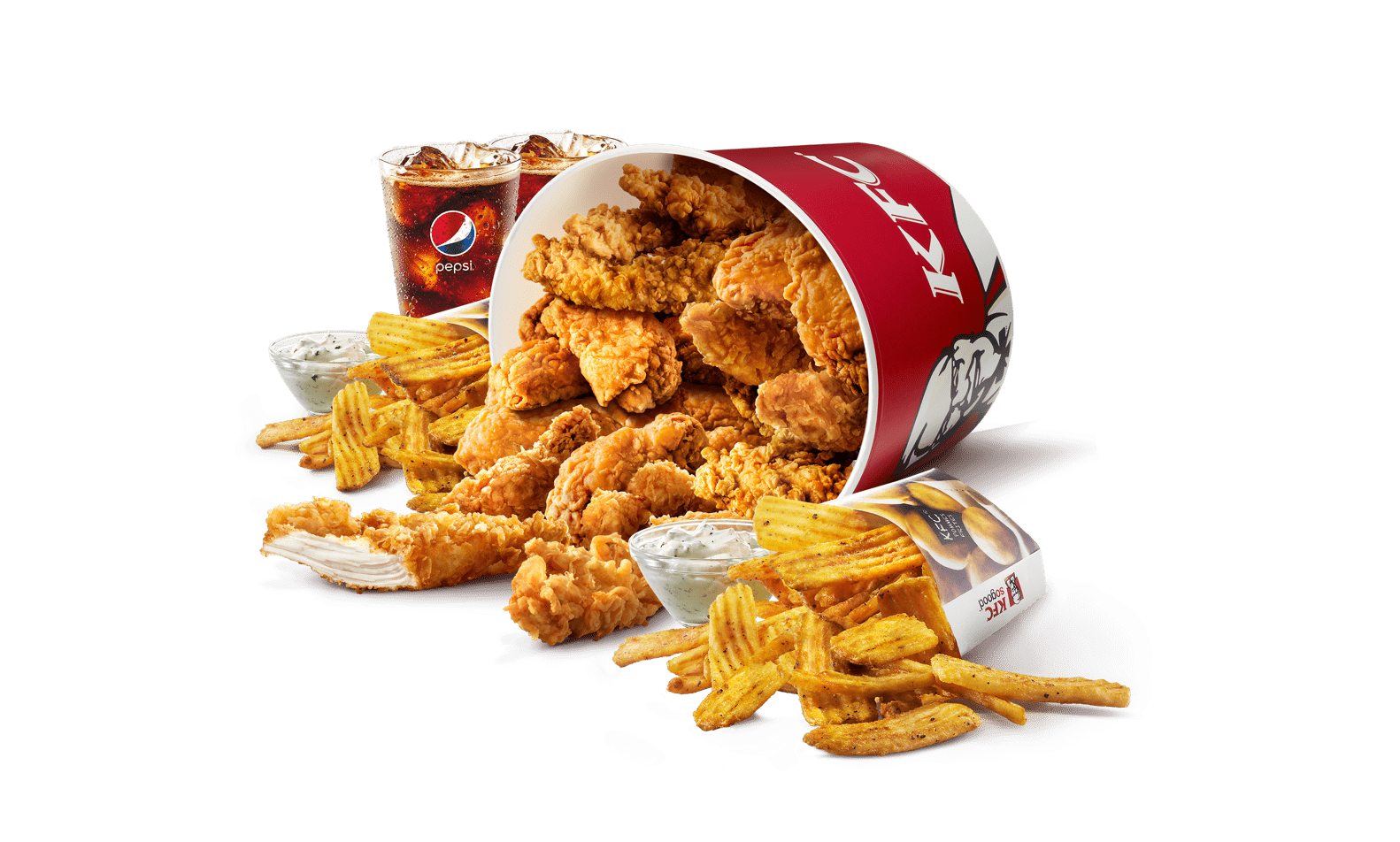 KFC Bucket Spilling Fried Chicken and French Fries on White Background PNG Image