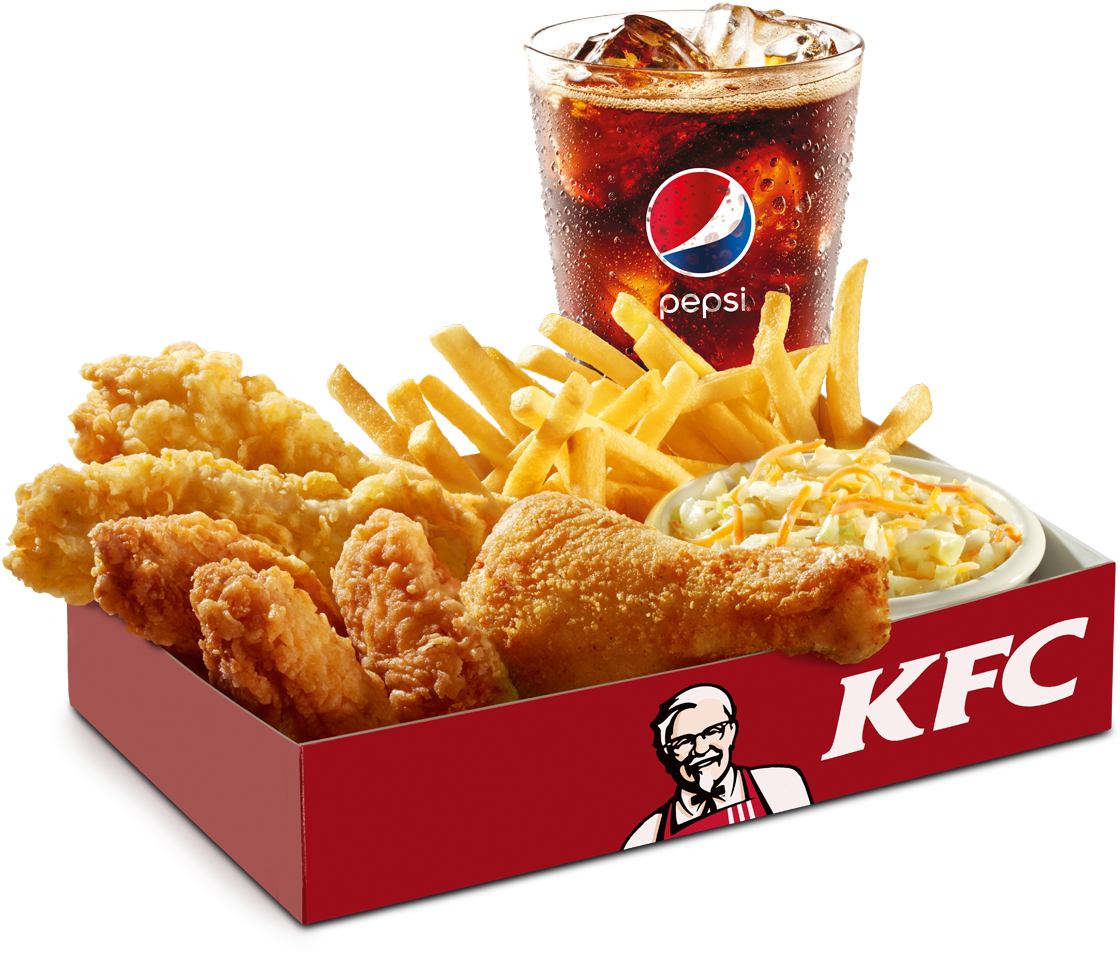 KFC Chicken Box Combo with Fries Soda Cup and Crispy Chicken Pieces PNG Image
