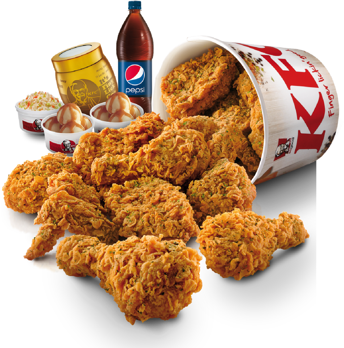 KFC Family Feast with Chicken Bucket Soft Drinks and Assorted Sides PNG Food Image