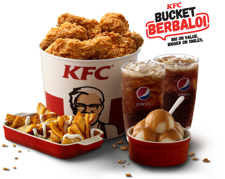 KFC Fried Chicken Dinner Bucket with Sandwich Side Dishes and Soda PNG Combo Image