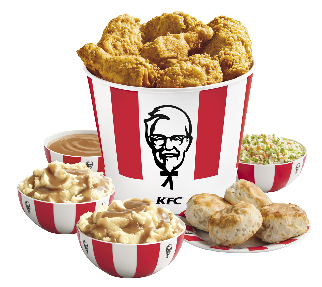 KFC Meal Spread with Chicken Bucket Biscuits Salad and Side Dishes PNG Food Image