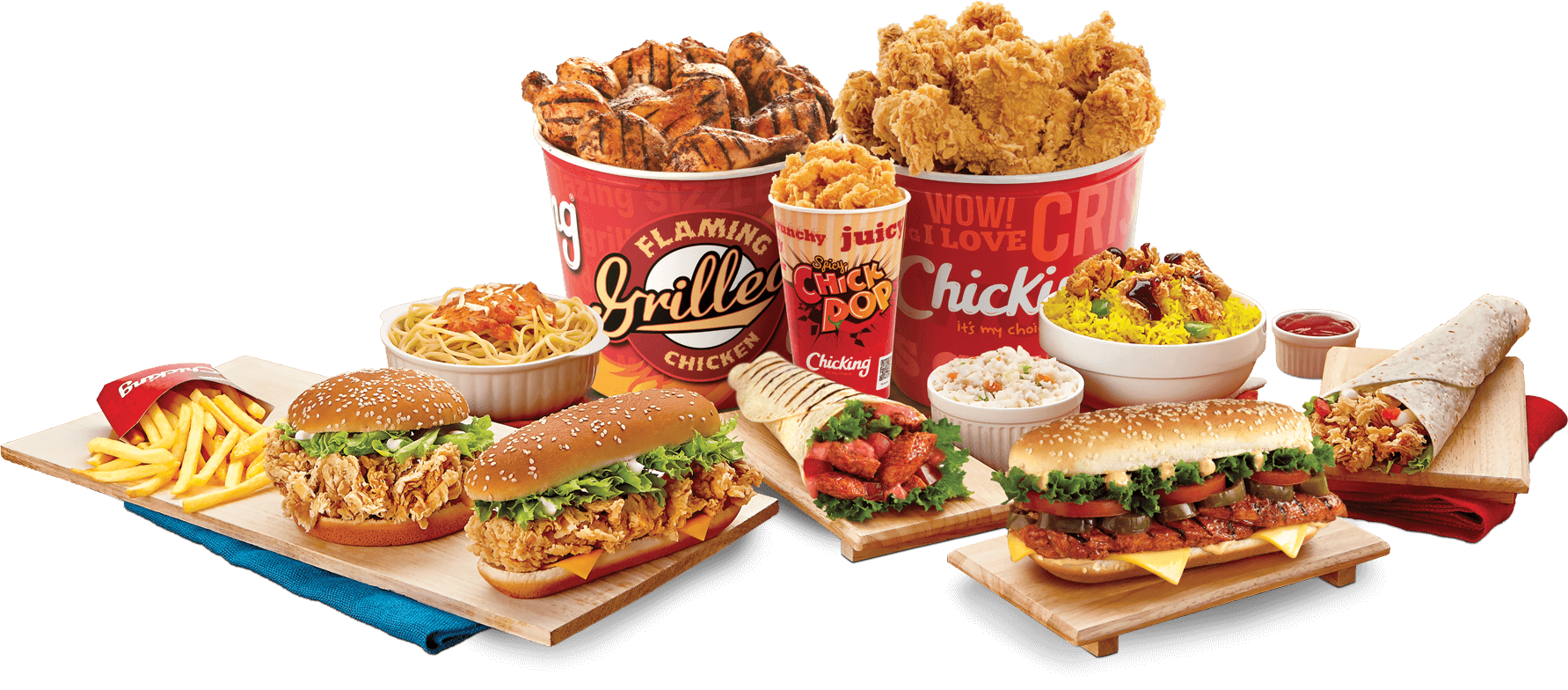 KFC Party Meal Display with Chicken Buckets Sandwiches Fries and Dipping Sauces PNG