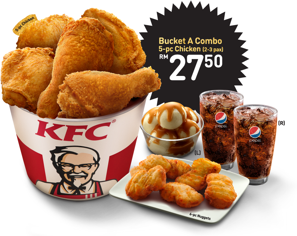 KFC Promotional Chicken Combo Meal with Bucket Drinks and Side Dishes PNG Image