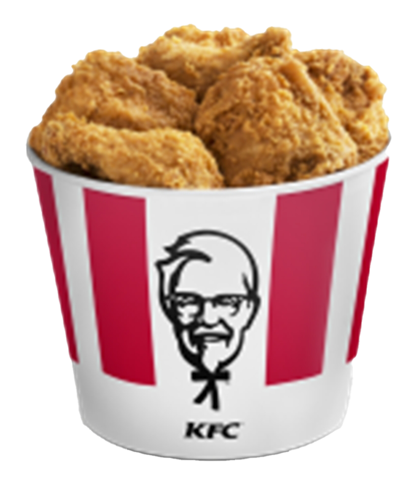 Red and White KFC Chicken Bucket Filled with Crispy Drumsticks PNG Image