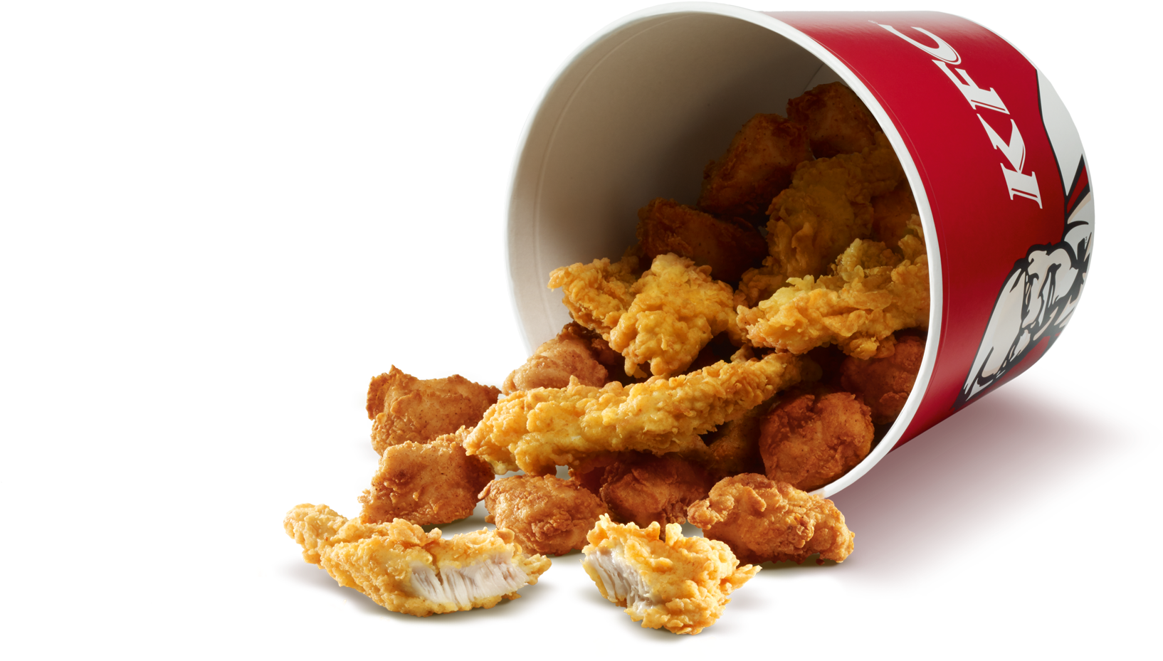 Red KFC Bucket Tipped Over with Golden Fried Chicken Spilling Out PNG Image