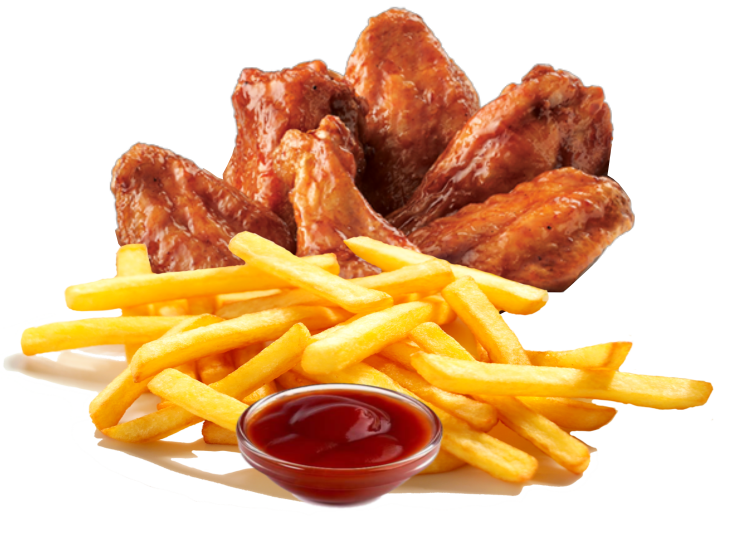 Spicy Glazed Chicken Wings with French Fries and Dipping Sauce PNG Meal Image