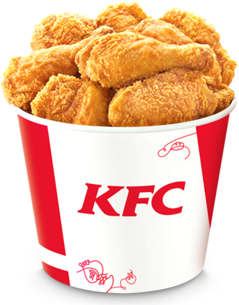 White and Red KFC Bucket Filled with Crispy Fried Chicken PNG Food Image