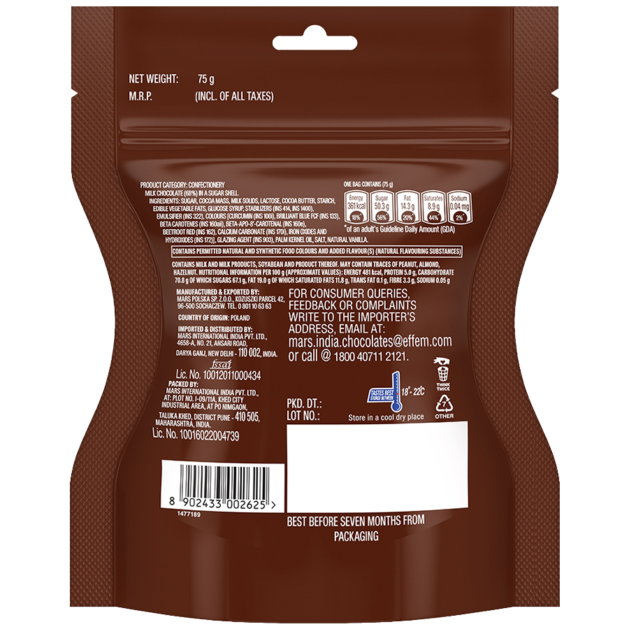 Back View of Brown M&M Chocolate Candy Pouch Packaging with Nutrition Label PNG