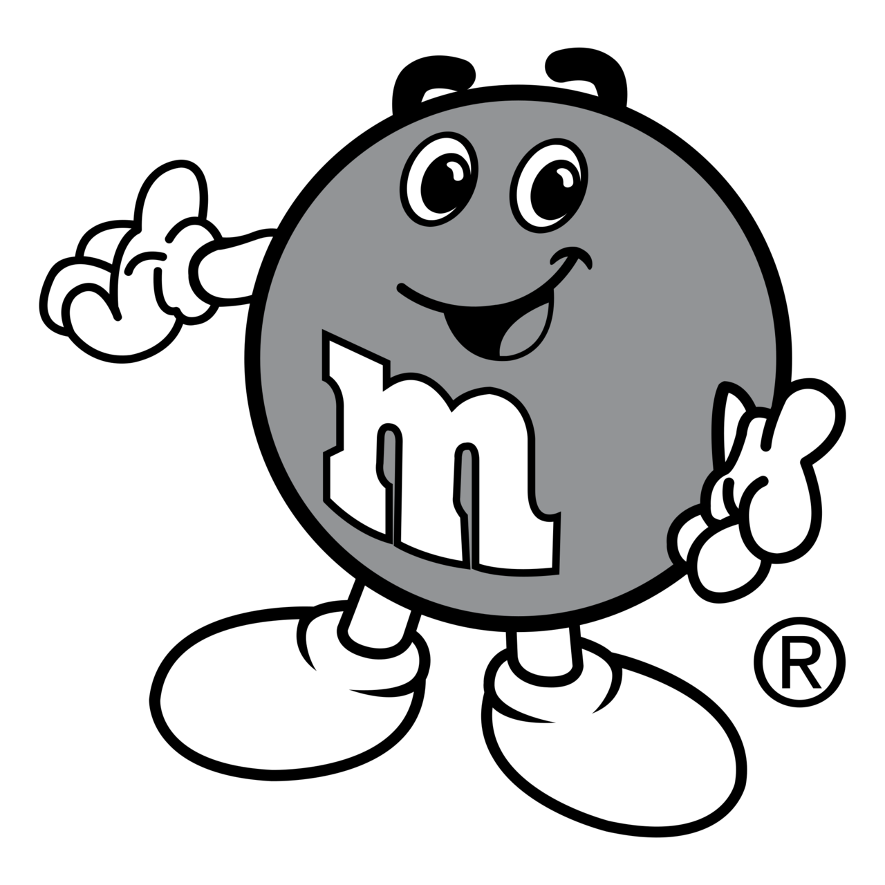 Black and White Gray M&M Candy Mascot Outline with White Gloves PNG Illustration
