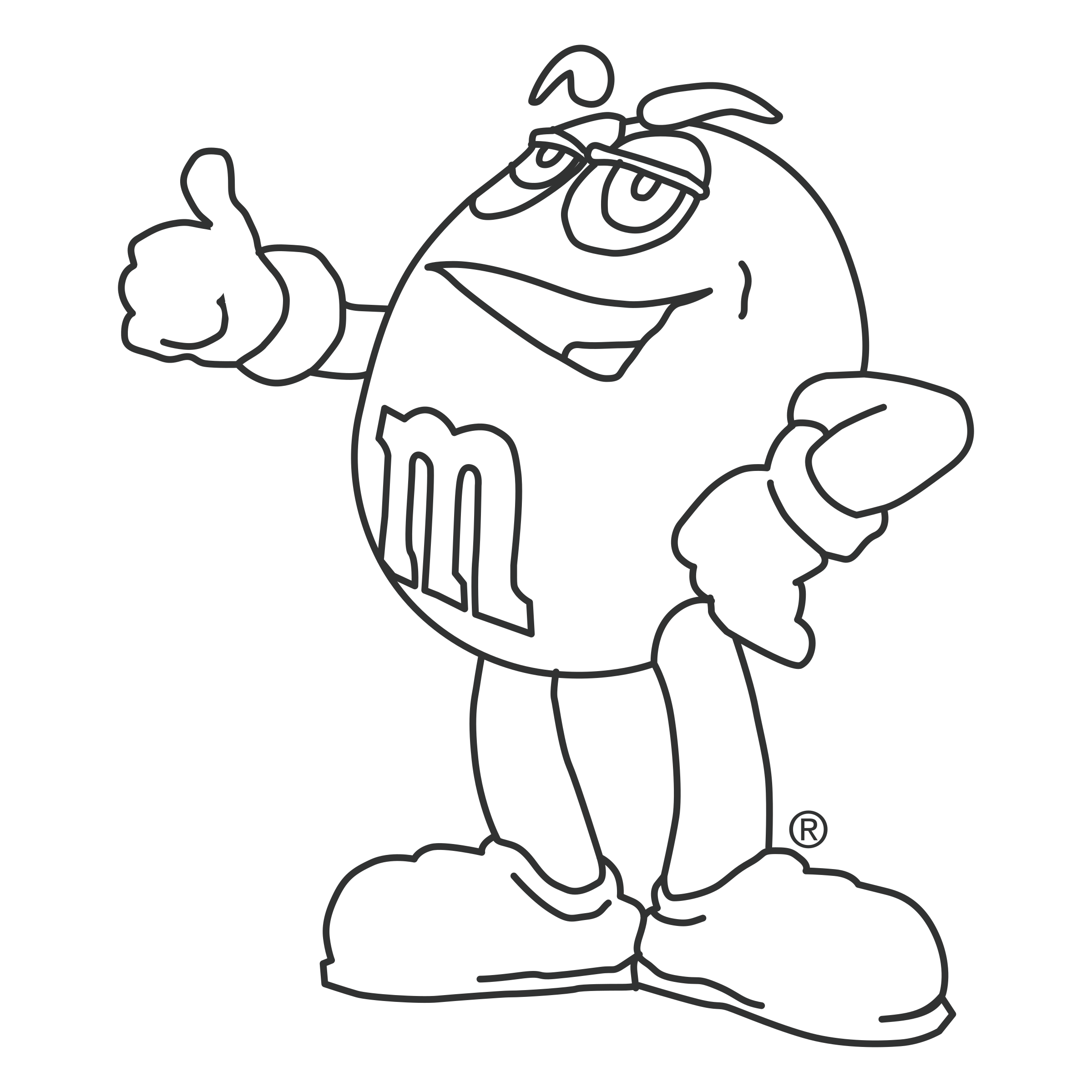 Black and White M&M Candy Character Thumbs Up Outline Illustration PNG Clipart