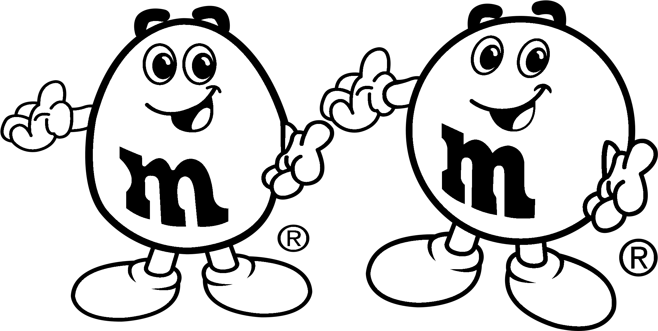 Black and White Outline Drawing of Two M&M Candy Mascot Characters PNG Clipart