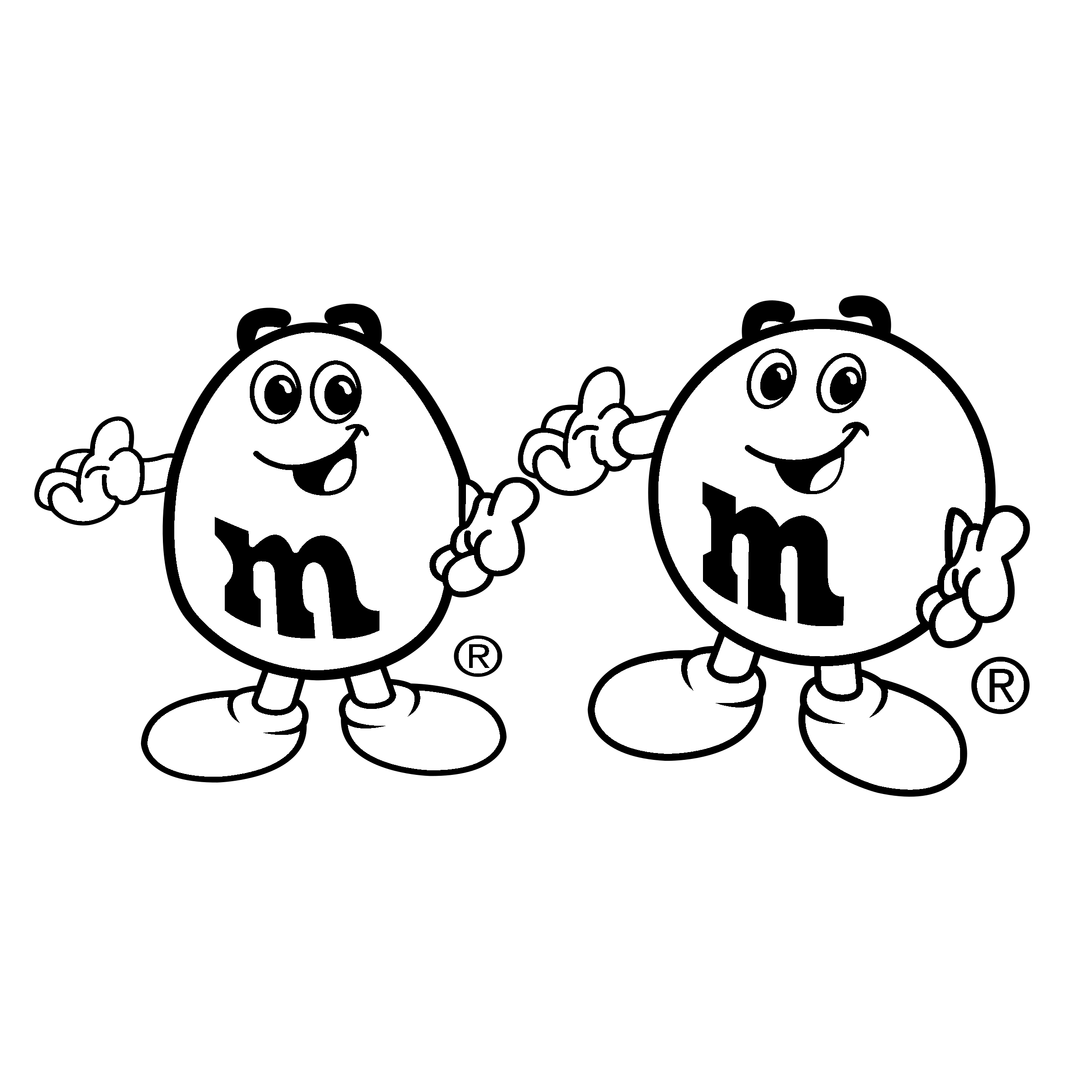Black and White Outline of Two M&M Candy Mascot Characters PNG Coloring Clipart