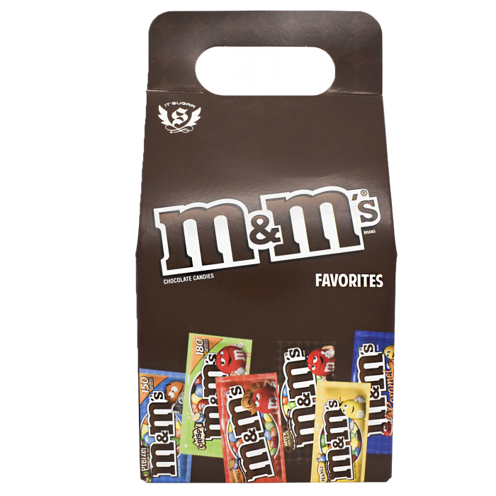 Black M&M World Shopping Bag with Candy Graphic and Die Cut Handle PNG Product Image