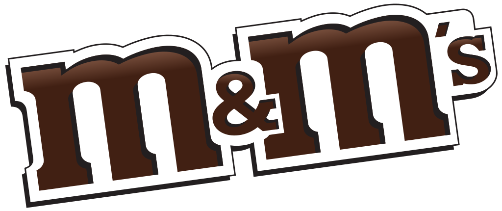 Brown M&M Chocolate Candy Wordmark Logo with White Border Transparent PNG