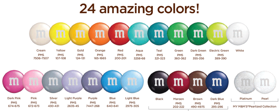 Collection of M&M Chocolate Candy Color Varieties in Individual Packages PNG