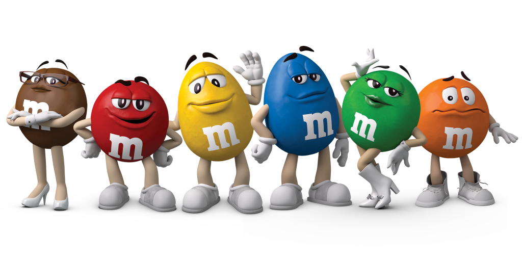 Colorful Red Yellow Blue Green and Brown M&M Candy Mascot Characters PNG