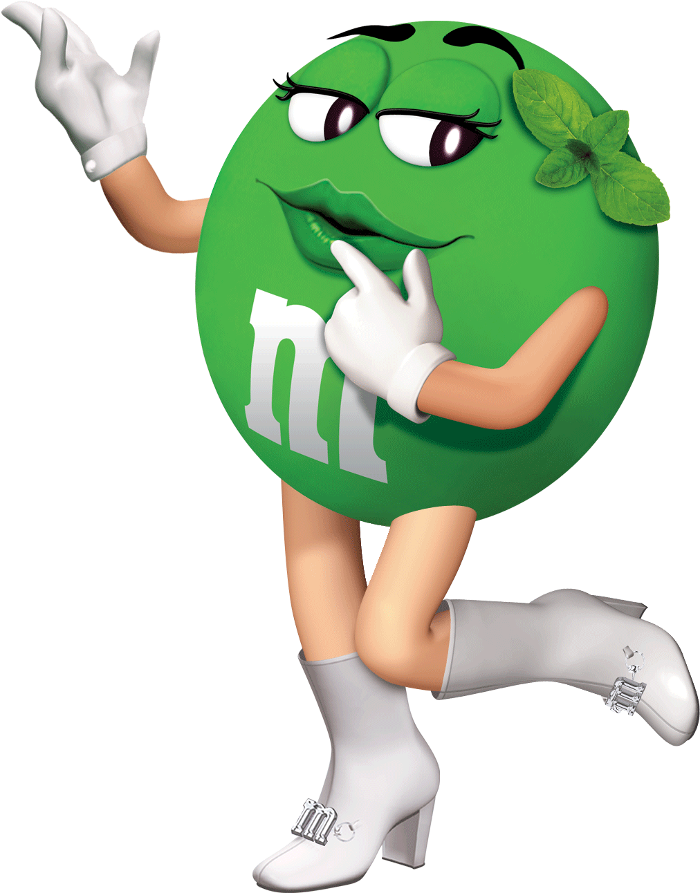 Energetic Green M&M Chocolate Mascot Jumping with White Gloves PNG Character