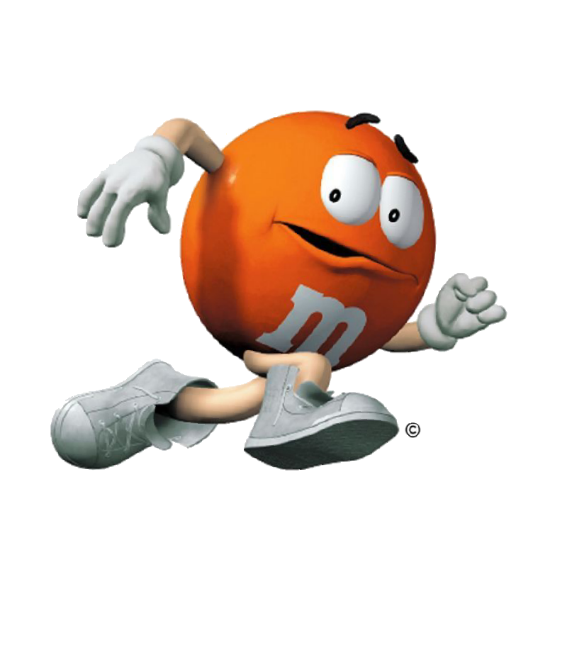 Funny Orange M&M Chocolate Character Running with White Gloves PNG Clipart