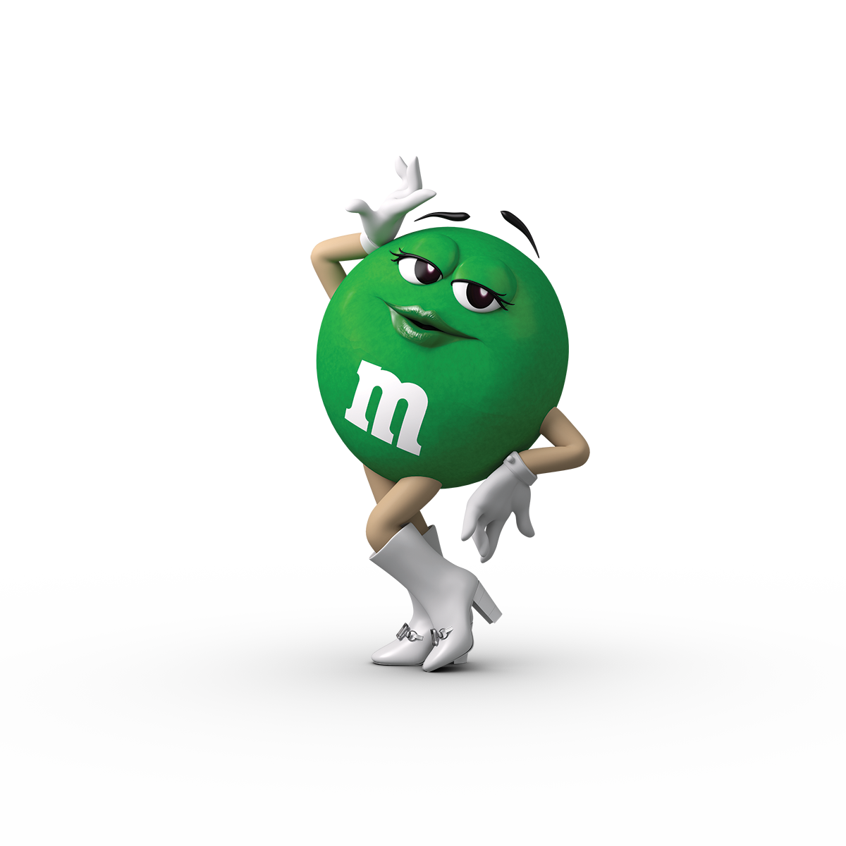Green M&M Candy Mascot Character Dancing with One Leg Raised PNG Clipart