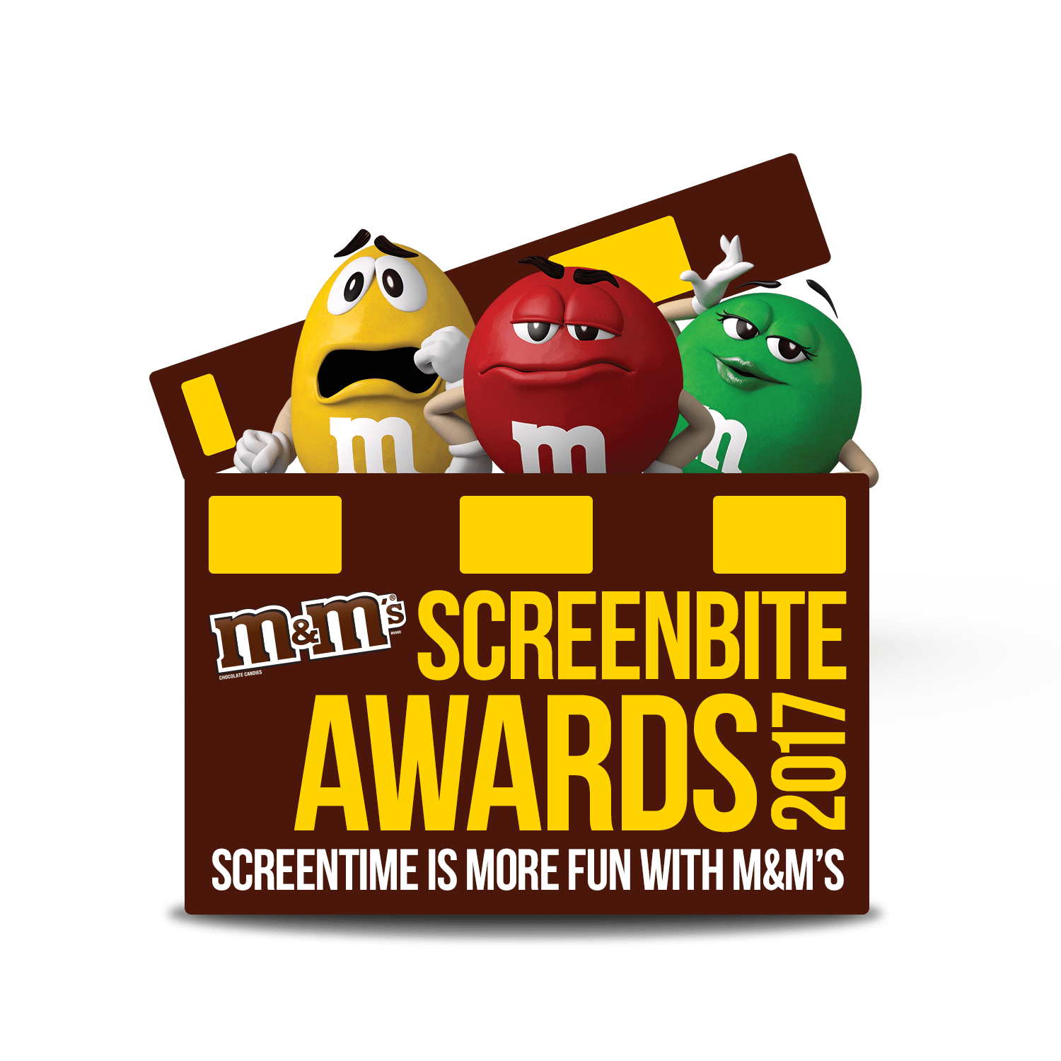 M&M ScreenBites Movie Awards Candy Display with Colorful Mascot Characters PNG