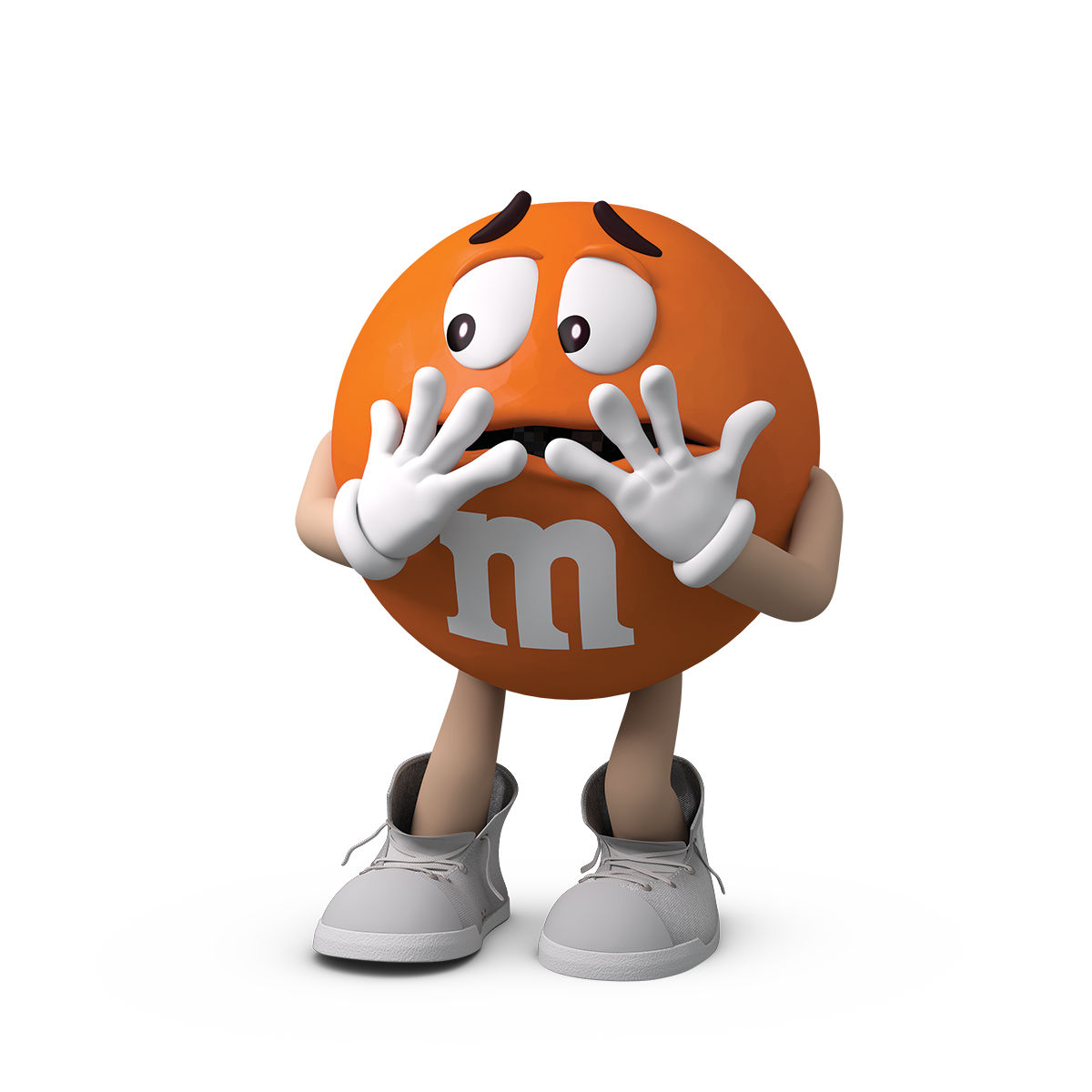 Orange M&M Chocolate Character Holding Candy with Both White Gloves PNG Clipart