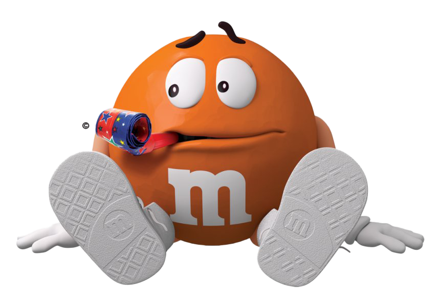 Orange M&M Mascot Sitting with Small Blue and Red Candy Pieces PNG Character Image