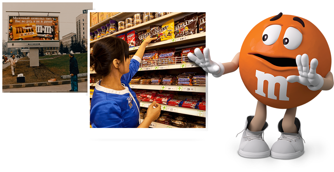 Orange M&M Movie Promotion Collage with Theater and Candy Store Scenes PNG Image