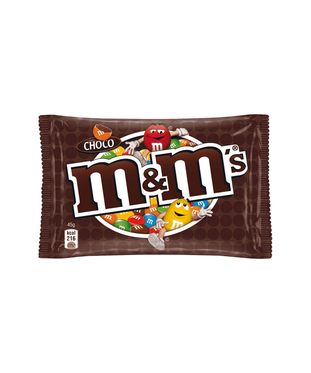 Small Brown M&M Chocolate Candy Pouch with White Brand Logo PNG Product Image