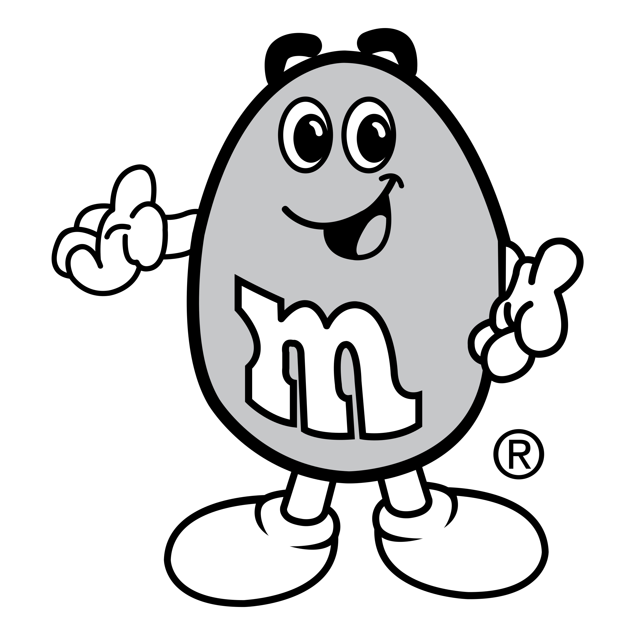 Smiling Gray M&M Character Outline with Raised Hands Black and White PNG Clipart