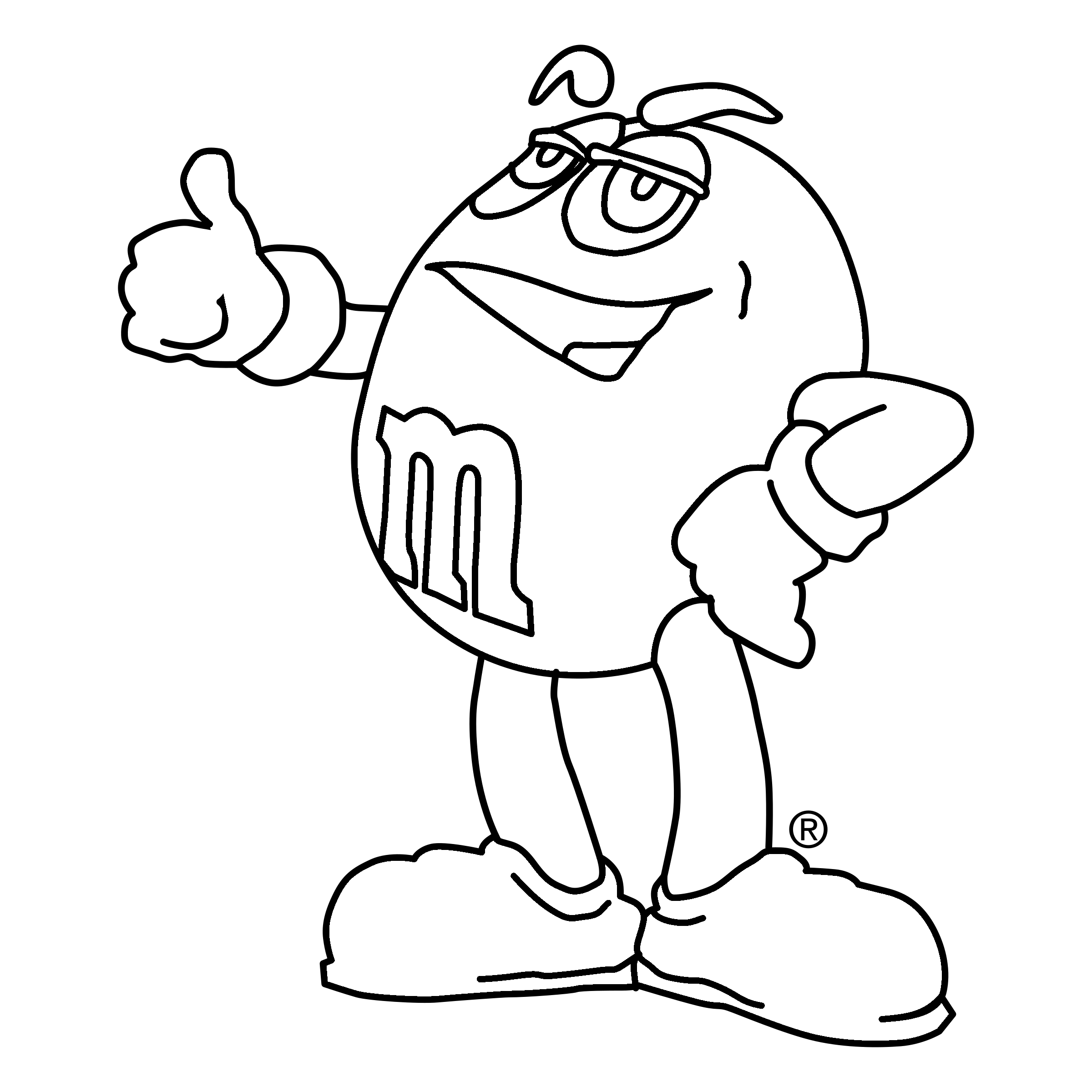 Smiling M&M Chocolate Mascot Giving a Thumbs Up Line Art PNG Coloring Clipart