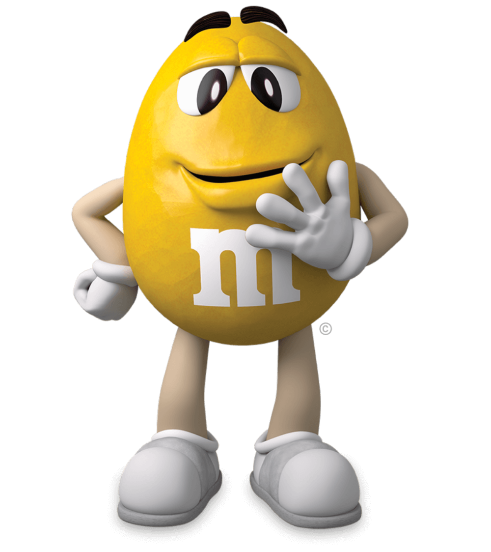 Yellow M&M Character Holding Chocolate Candy and Smiling Transparent PNG Mascot