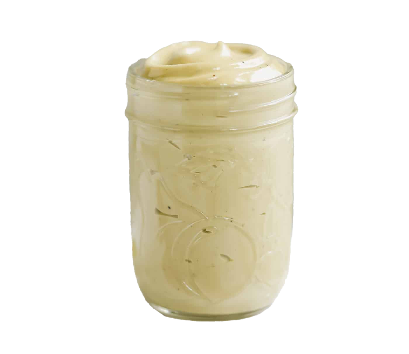 Clear Glass Jar Filled with Creamy Mayonnaise Transparent Background PNG Product Image