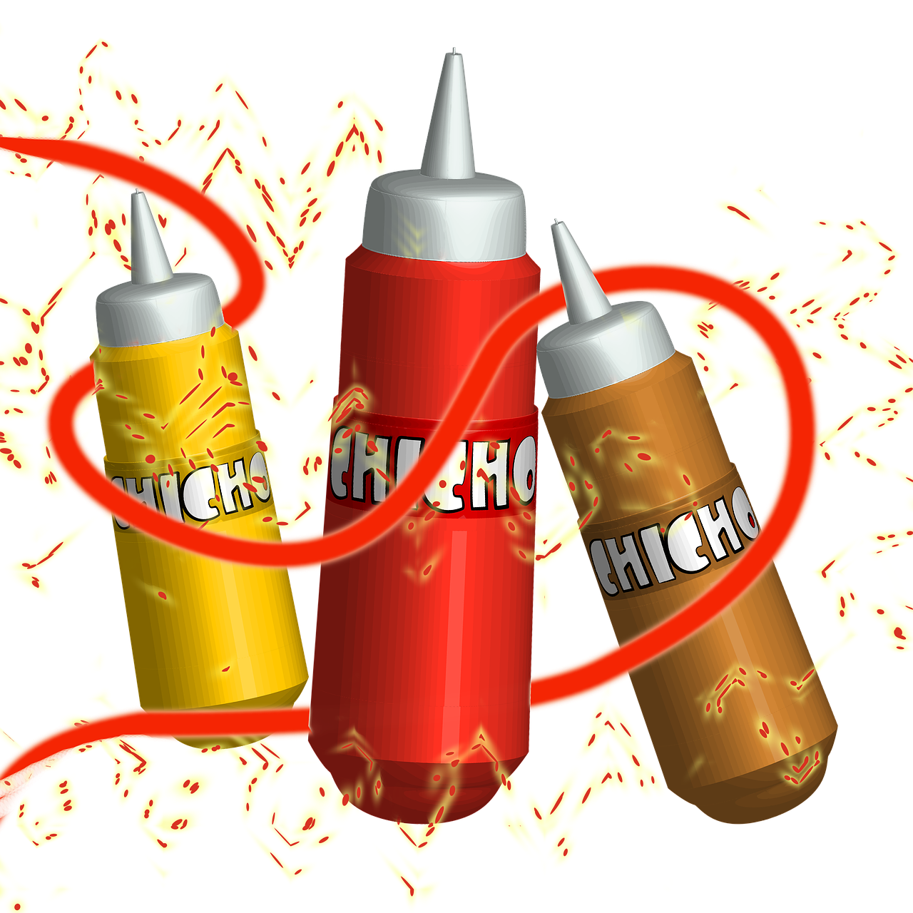 Colorful Ketchup Mustard and Barbecue Sauce Bottles with Splash Graphics PNG