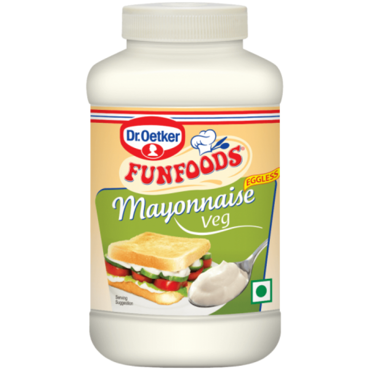 Delicious FunFoods Vegetarian Mayonnaise Bottle with Green Label PNG Product Image