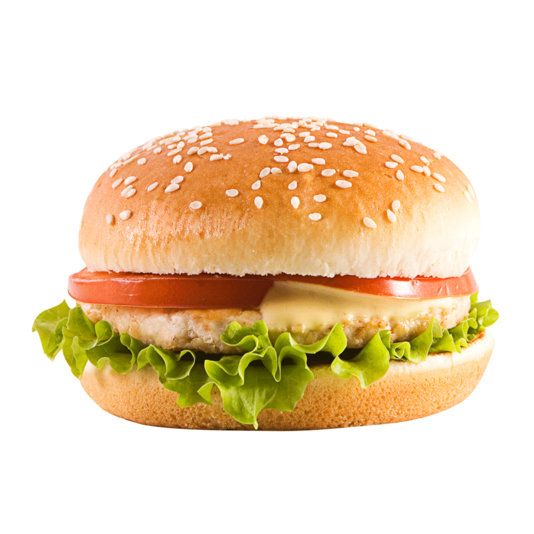 Fresh Cheeseburger with Lettuce Tomato and Mayonnaise on Sesame Bun PNG Food Image