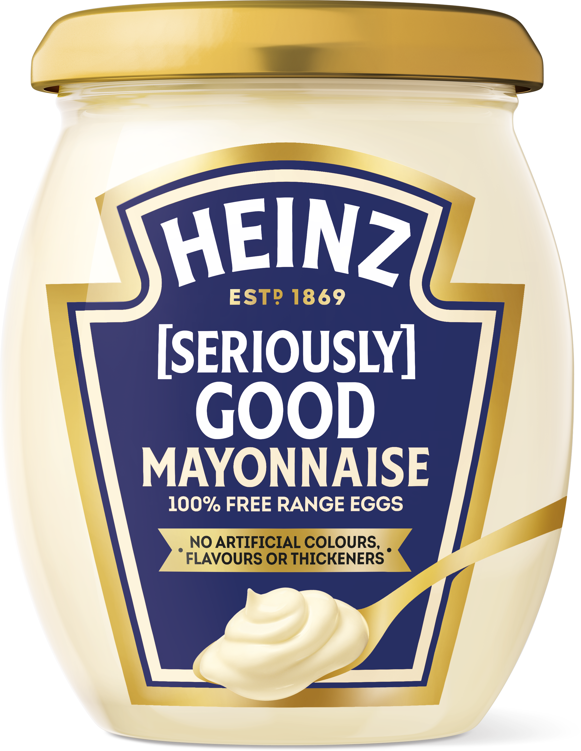 Heinz Seriously Good Mayonnaise Jar with Blue and Gold Label PNG Product Image