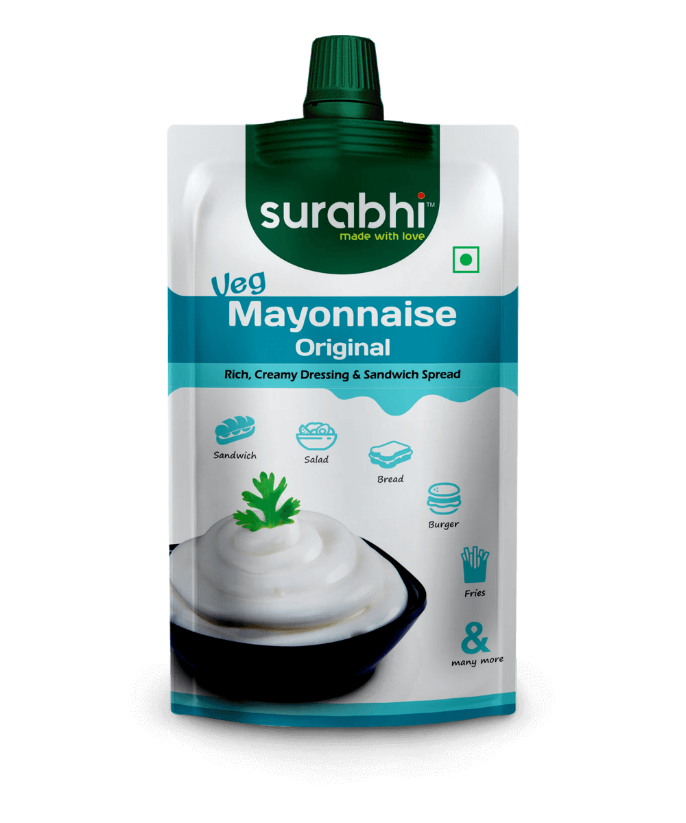 Suruchi Mayonnaise Squeeze Bottle with Green Label and Blue Cap PNG Product Photo